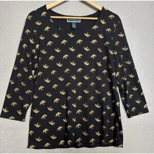 Karen Scott‎ Black Elephant Top L Metallic Gold Artsy Animal Glam Statement